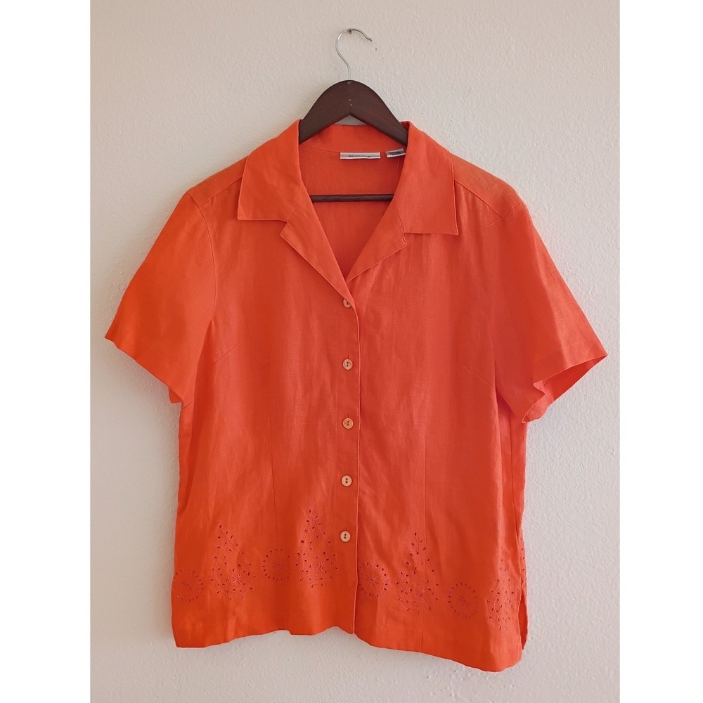 Orange 100% Linen Eyelet Embroidered Short Sleeve Button Down Shirt Large